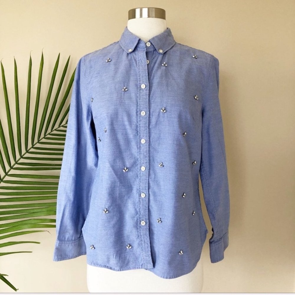 Talbots Jewel Embellished Blue Shirt Petite 6 - Picture 1 of 7
